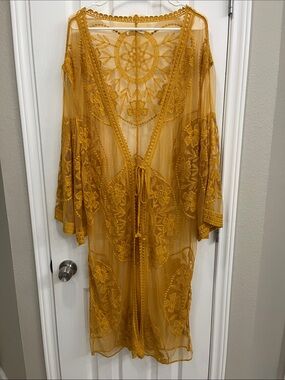 Embroidered Sheer Kimono Cover-Up in Mustard